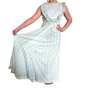 Hilda Hawaii 1970s Maxi Dres‎ Vintage Sleeveless Floral Maxi Ruffle White Bib Sm